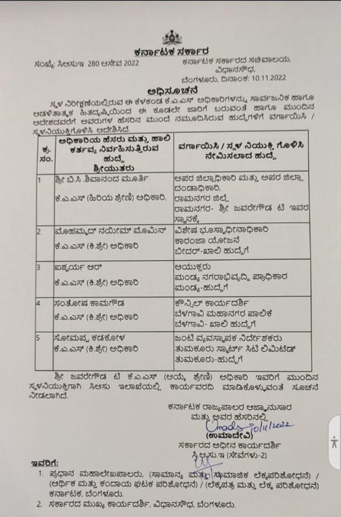 ಕೆಎಎಸ್ ಅಧಿಕಾರಿಗಳ ವರ್ಗಾವಣೆ: ವಿವರ ಇಲ್ಲಿದೆ